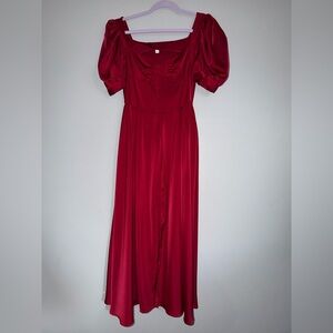 Elegant Red Puff Sleeve Dress